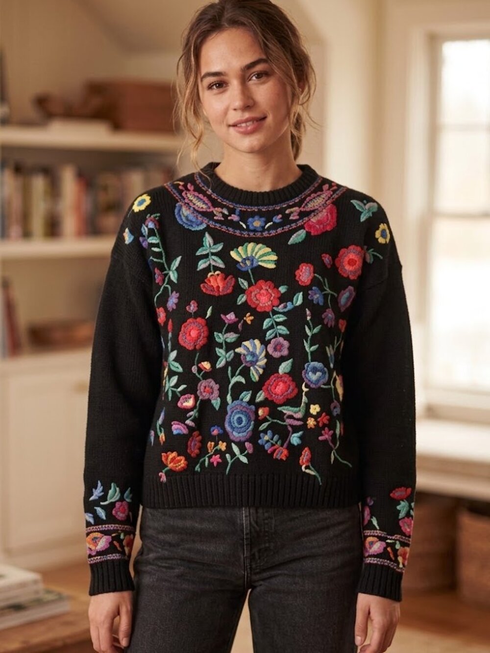 Carole Hanson Embroidered Floral Sweater: Black Ramie Cotton Chunky Knit Sz L